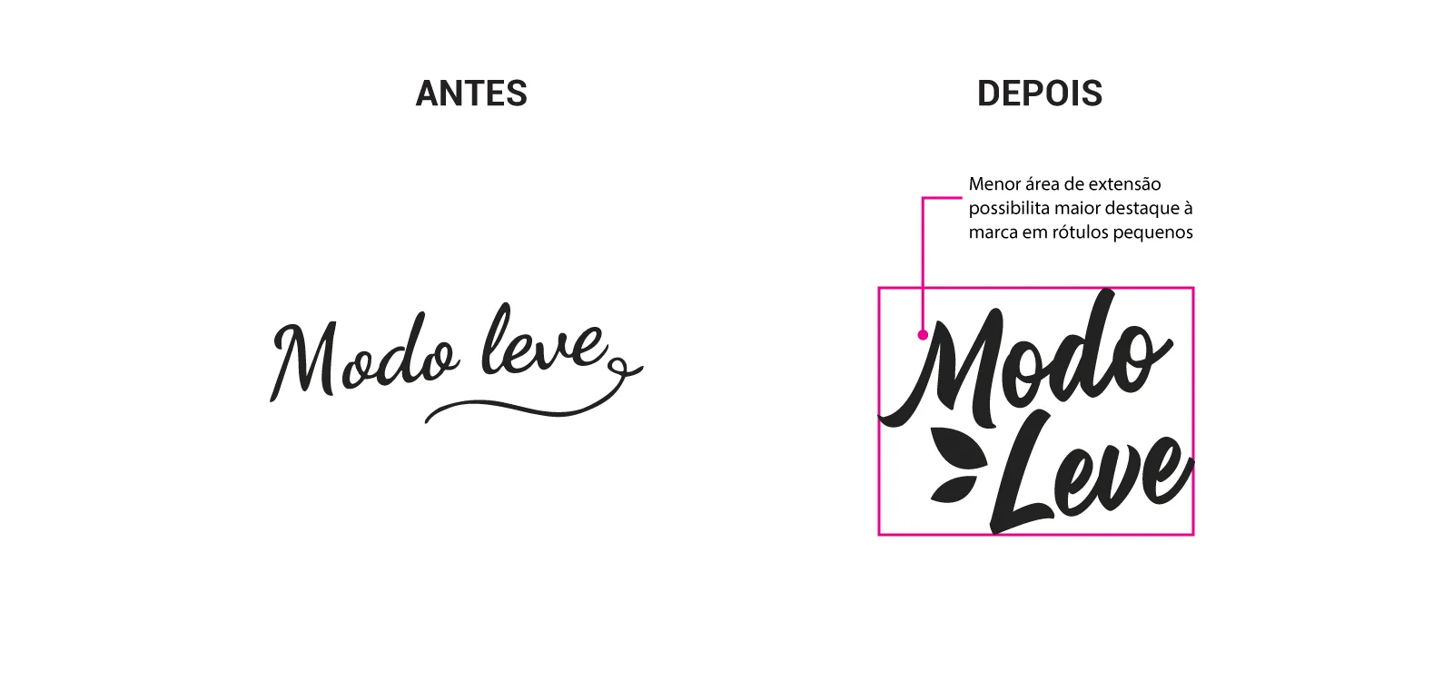 Logo Modo Leve antes e depois do redesenho: a versão nova é mais compacta e ganha uma folha como símbolo.